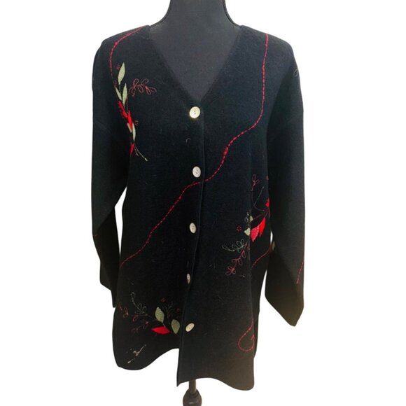 Vintage Susan Bristol Black Wool Long Cardigan Sweater Hand Embroidery Grandma C - Picture 1 of 9
